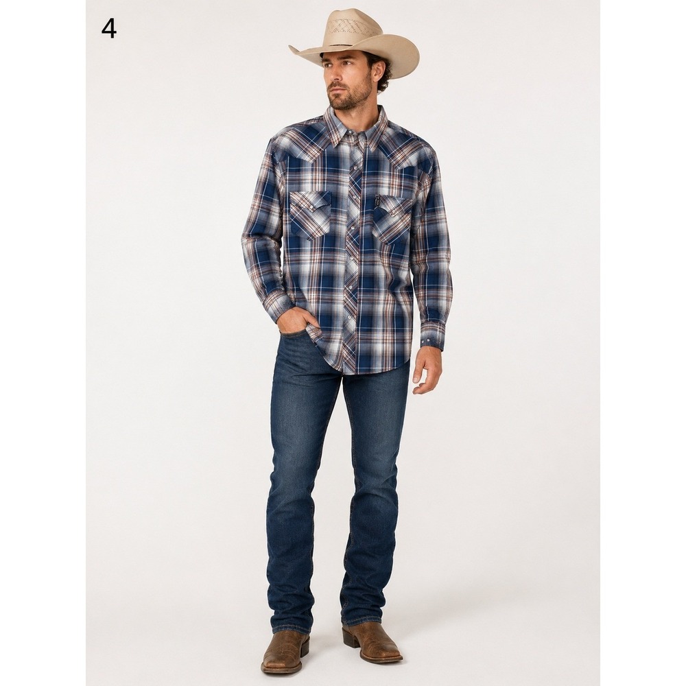 Cinch Pearl Snap Western Shirt Mens Large Slim Fit Blue Plaid Cotton Long Sleeve
